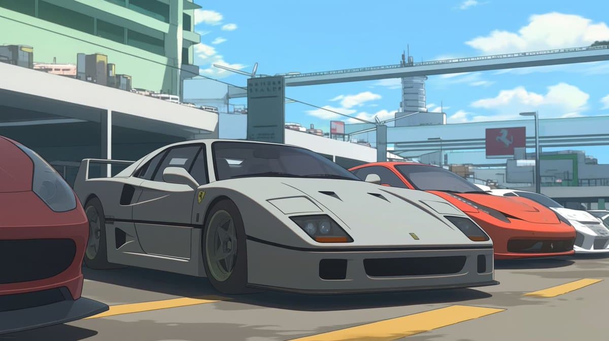 An illustration of supercars parked in a row outside a showroom