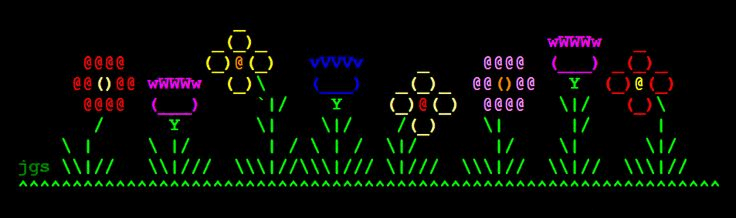 Coloured ASCII art of a row of flowers